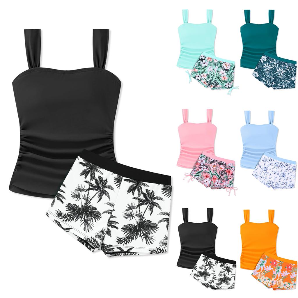 Girls Two Piece Swimsuit Tankini Top with Adjustable Straps and Floral Print Swim Shorts Lightweight Quick Dry Beachwear Set