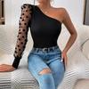 Women's New Off-shoulder Single-sleeved Polka Dot Mesh Long Sleeve Waist-hugging Slimming Women's Top T