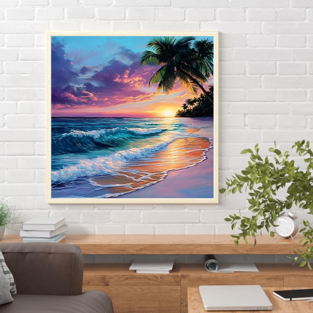 30x30cm Beach 5D DIY Full Drill Round Diamond Painting Kit for Home Wall Decor