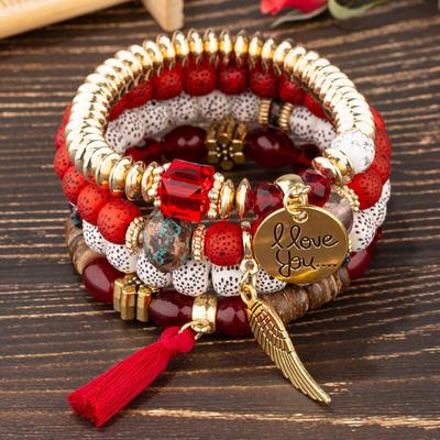 4pcs/set Vintage Elastic Rope Tassel Bracelets Statement Colorful Stone Handmade Beads Bracelets Bangles Fashion Party Jewelry