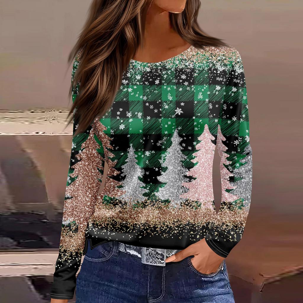 Women's Fashion Hem Slit Casual Christmas Printed Round Neck Long Sleeve Top