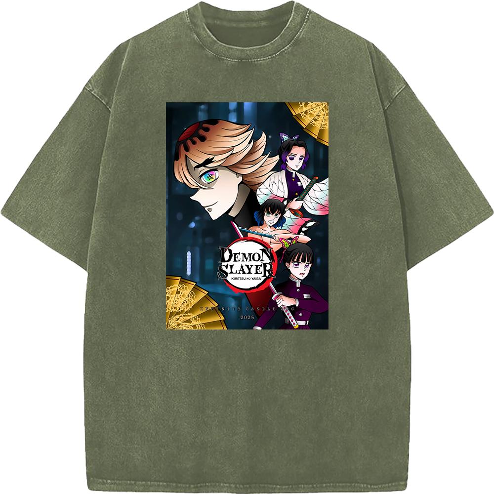 Demon Slayer Kochou Shinobu Inosuke Anime Clothing Men Women Retro Washed T-shirts Manga Cotton Tshirt Harajuku Male T Shirt