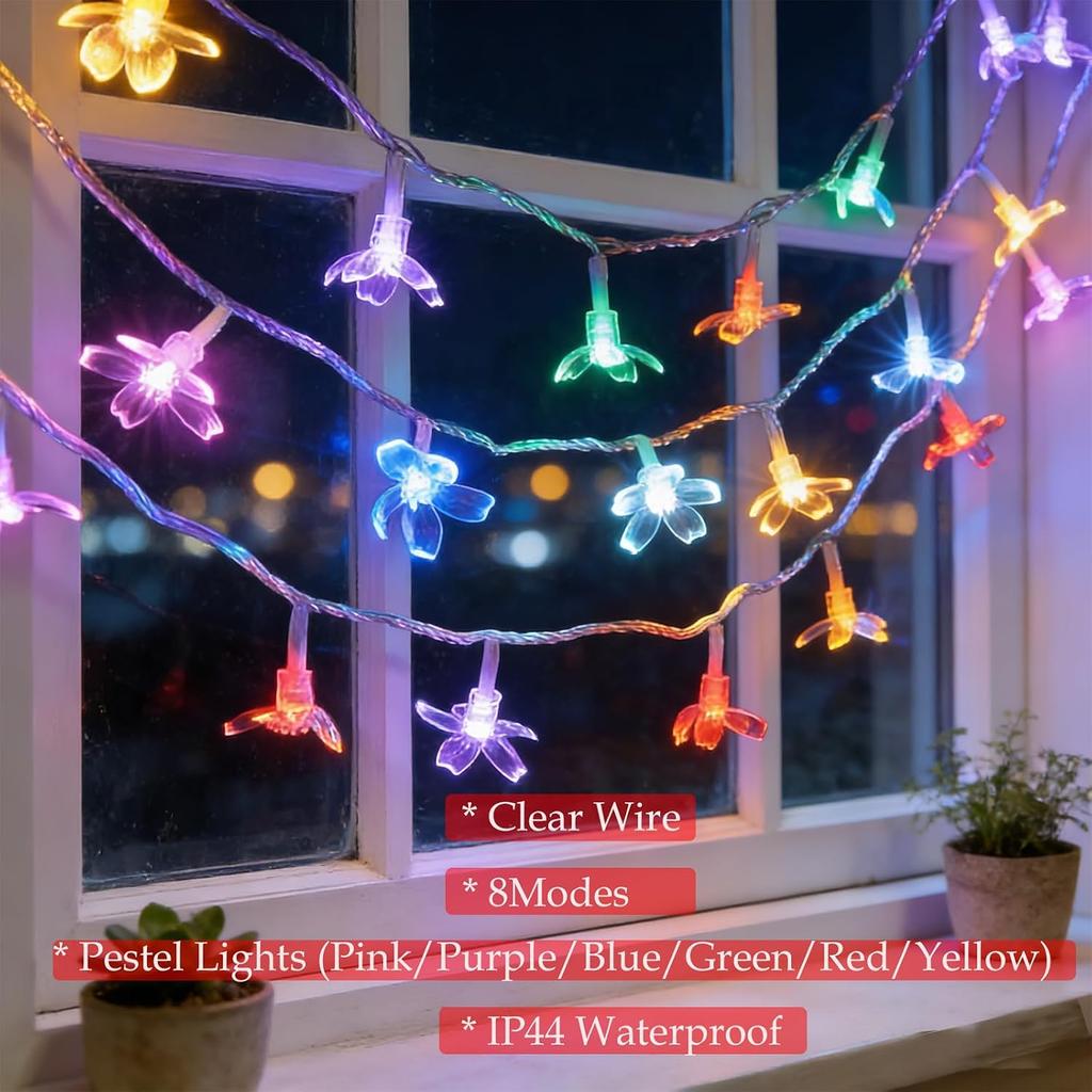 33ft 100 LED Plug in Pastel Christmas Flower String Lights Hanging Decor | Decorative Soft Crystal Petal Cherry Blossom Lamp for Easter, Valentine's