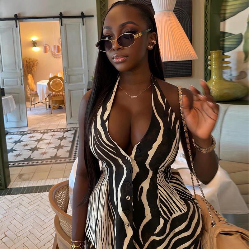 Women's Clothing 2026 Summer New Fashion V-Neck Tie Ruffle Tank Top Printed Wide-Leg Pants Set