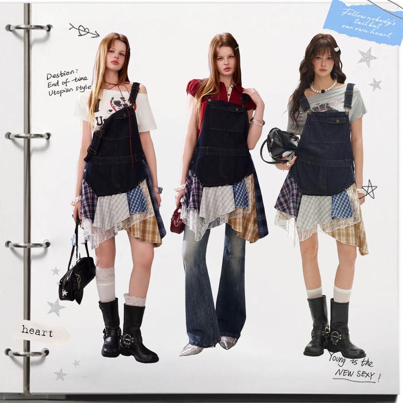 UNIFREE Contrast Denim A-Line Overall Dress