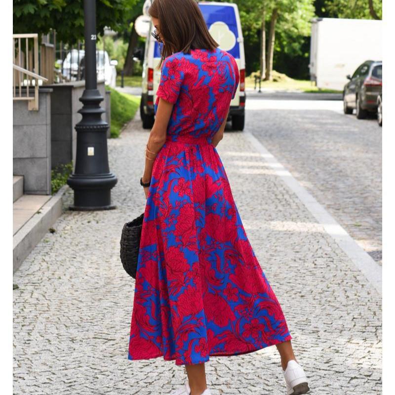 Women Floral Print Long Dresses Summer Sexy V Neck Split Lace-up Dress Female Casual Elegant Short Sleeve Beach Dress Vestidos
