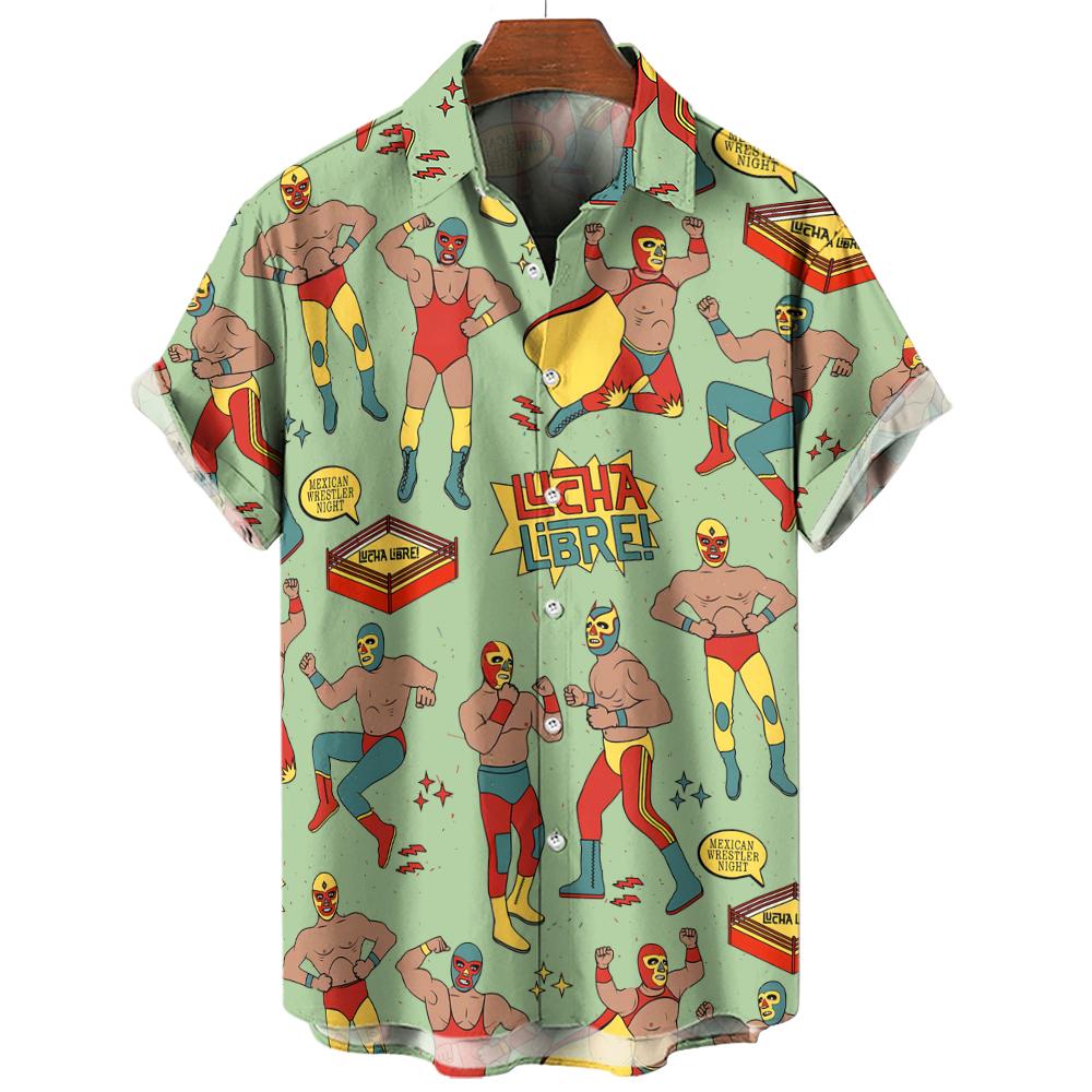 Camisa de Playa Casual de Moda Patrón 3D de Luchador Camiseta Retro Manga Corta Vacaciones al Aire Libre Camisa para Hombre y Mujer