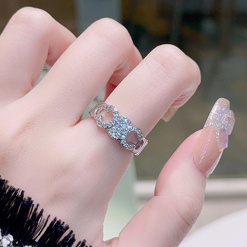 Exquisite Full Diamond Zircon Light Luxury High-End Niche Design Open Ring French Personal Cold Wind Ring