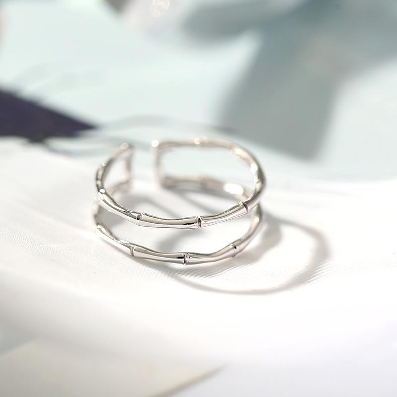 Japanese-Korean Double Layer Bamboo Joint Adjustable Fashion Ring - 925 Sterling Silver Plated, Unique Niche Design with Cool Style.