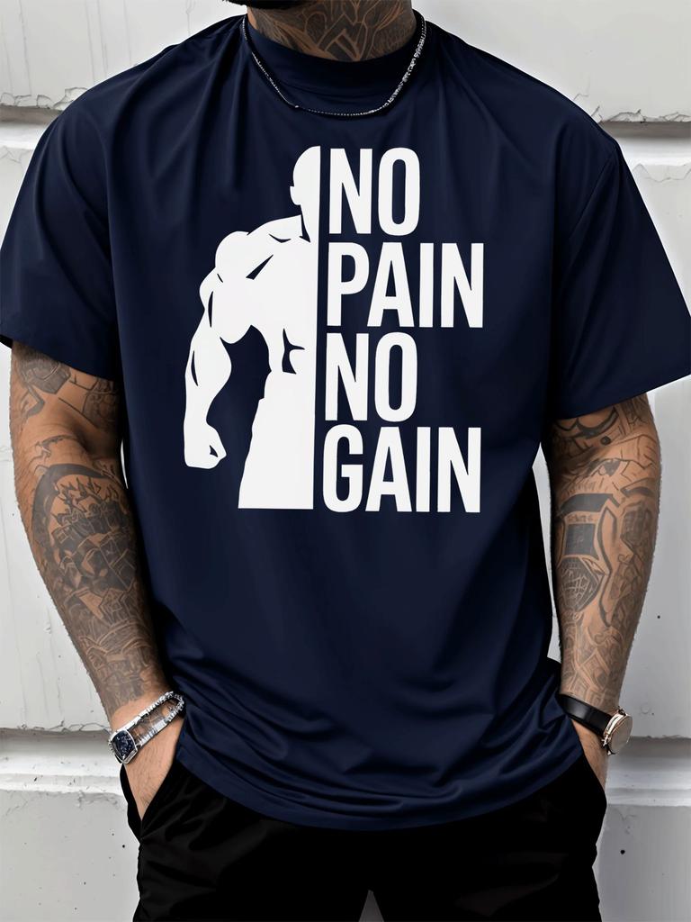 Fitness Muscle Silhouette No Pain No Gain Text Graphic Print Unisexs Crew Neck Short Sleeve Tee Casual Soft Basic Daily Wear Top