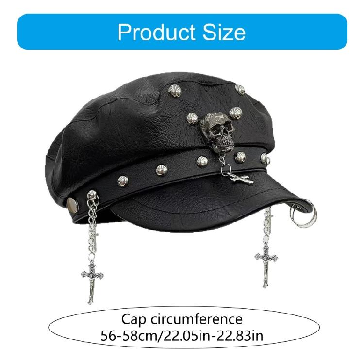 2000s Women Beret Hat Punk Rivet Decors Flat Top Cap Breathable PU Leather Octagonal Hat for Casual and Cosplay Wear