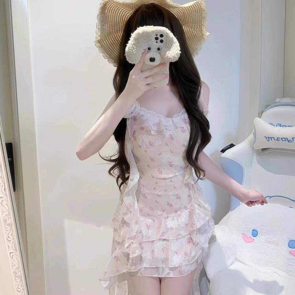 Pure desire sweet short skirt spring and summer waist thin design sense lace splicing irregular floral suspender dress women