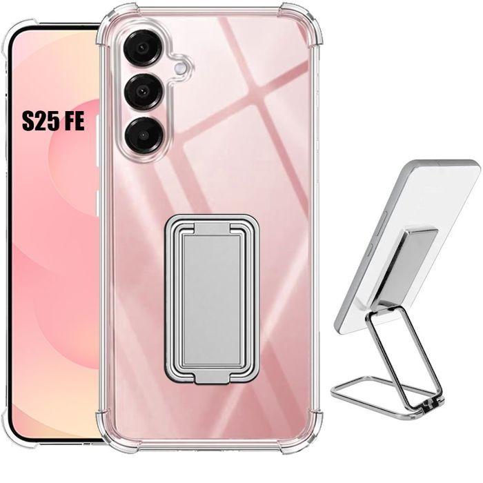 Case for Samsung Galaxy S25 FE, Transparent Slim Silicone with Silver Foldable Stand