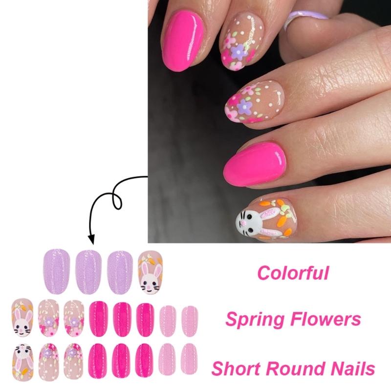 Almond Press On Nail Easter Fake Nail Stick On Nail In 12 Sizes,24 Pcs French Nail Tips for DIY Nail Art Decorations