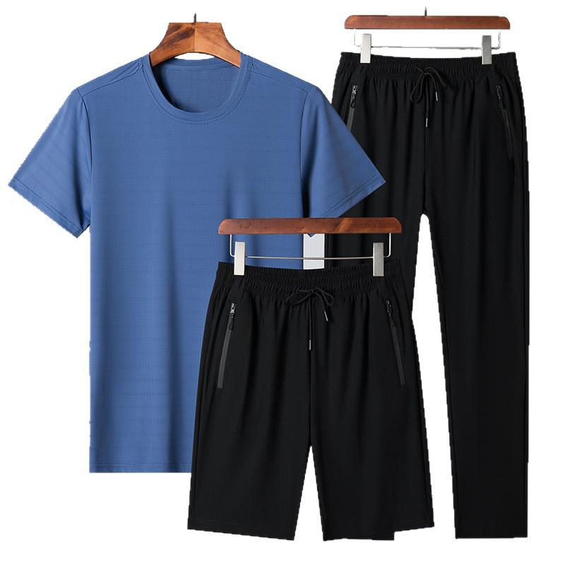 Men's Summer Quick-Dry Ice Silk Solid Color Sports Suit - Large Size Three-Piece Set with Shorts.