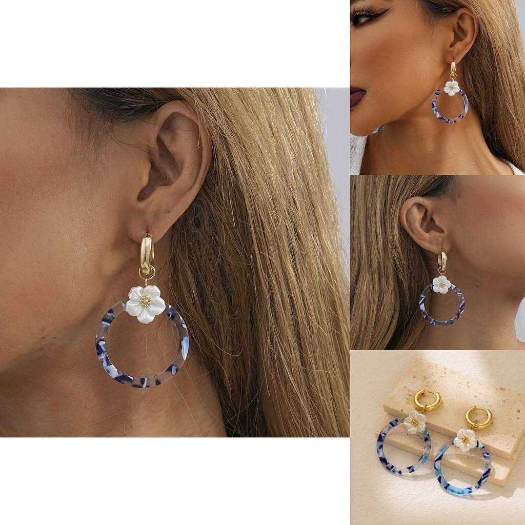 Modern Flower Geometric Circle Earrings Trendy Blue Alloy Accessories Womens