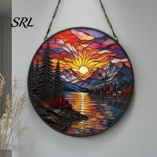 Wall Hanging Landscape Art Stained Glass Style Suncatcher, Mountain Sunset Window Ornament, Colorful Sunrise Decor Sun Catcher for Home Garden,