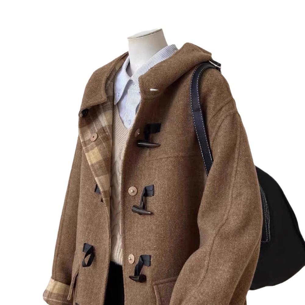 Winter Retro College Style Karomuster Knebelverschluss Doppelseitiger Wollmantel Gerader Langer Wollmantel Damen