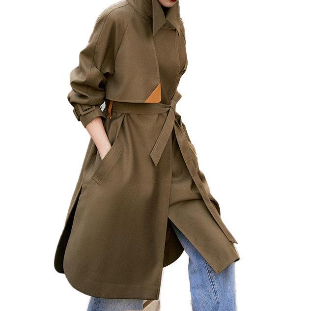 leather lace-up trench coat women's, spring new women's medium and long, waist spring and autumn women's clothing