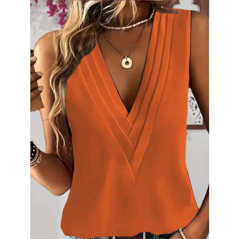 Topy Wiosna Lato Damskie Moda Eleganckie Jednolity Kolor Dekolt V Plisowane Wygodne Codzienne Duży Rozmiar Bez Rękawów Damskie Kamizelki Kamizelka