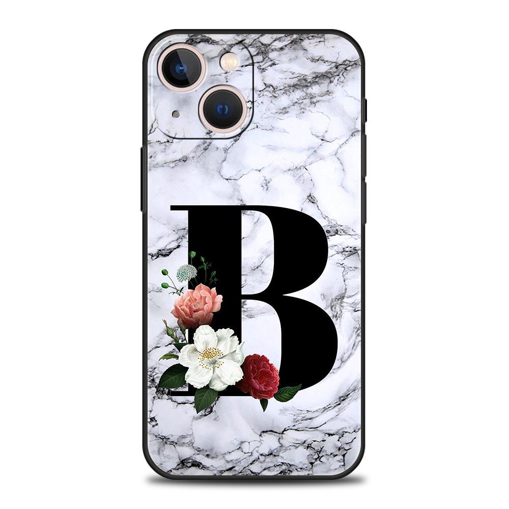 Letters Flower English Marble Phone Case For iPhone 17 16 15 Pro Max 11 12 13 14 7 8 Plus SE 2020 X XR XS Cover Soft Black
