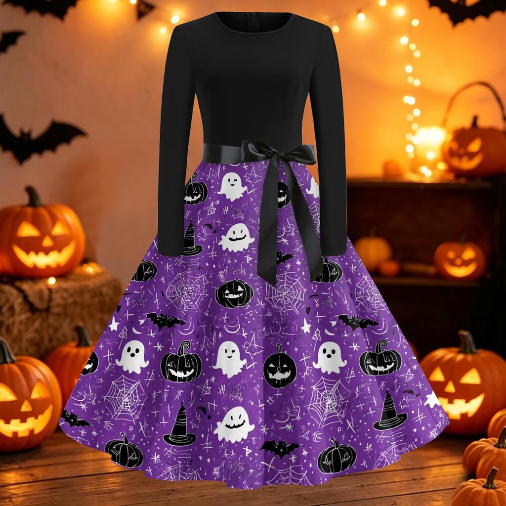 Women Crew Neck Long Sleeve Casual Fit and Flare Halloween Print Dress with Belt for Autumn Holiday Party Outfits