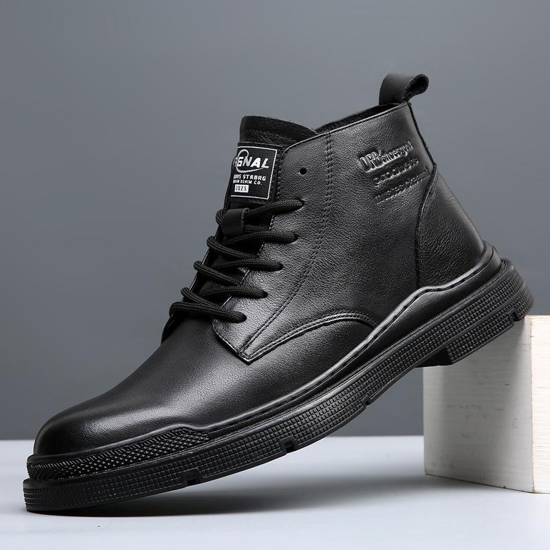 Leather Men's Leather Shoes British Style Fleece Warm First Layer Cowhide Medium Leather Boots Men's Casual Medium and High Top Boots Men's