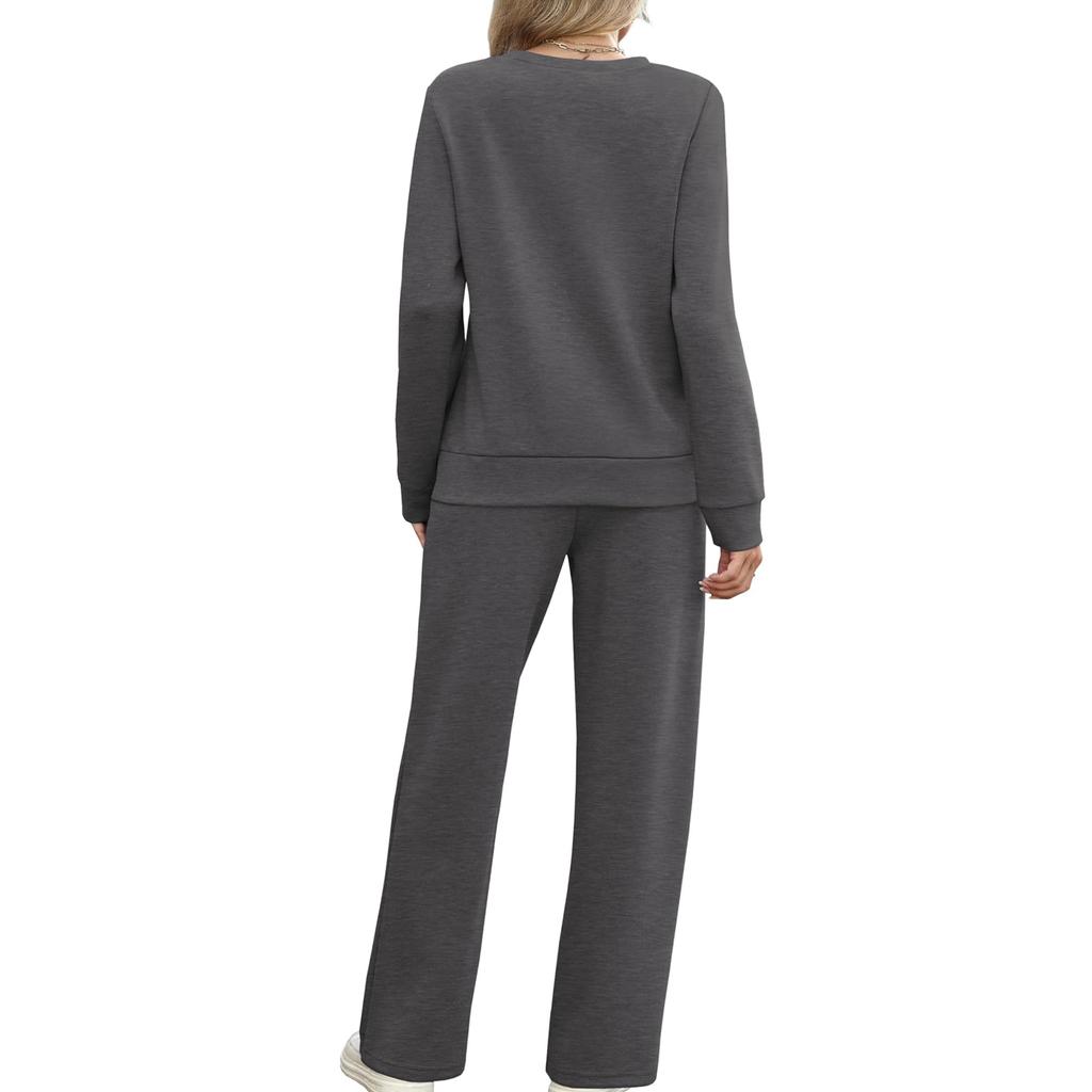 Women's Casual Long Sleeve Pullover Top and Wide Leg Pants Two Piece Set Comfortable Lounge Outfit for Everyday Wear
