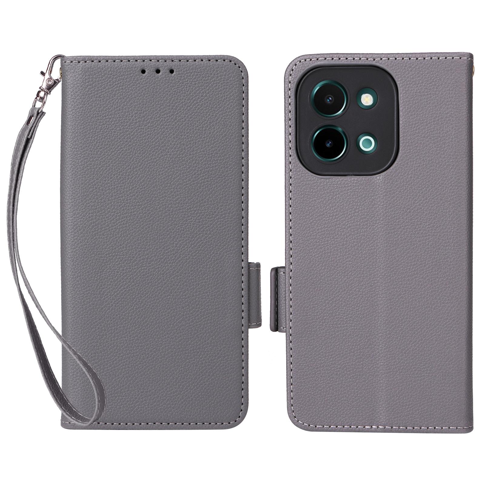 

For vivo Y28 4G Case with Wrist Strap Litchi Texture PU Leather Wallet Phone Cover Grey