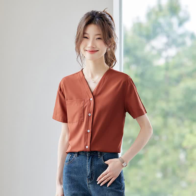Women's V-Neck Short Sleeve Chiffon Blouse