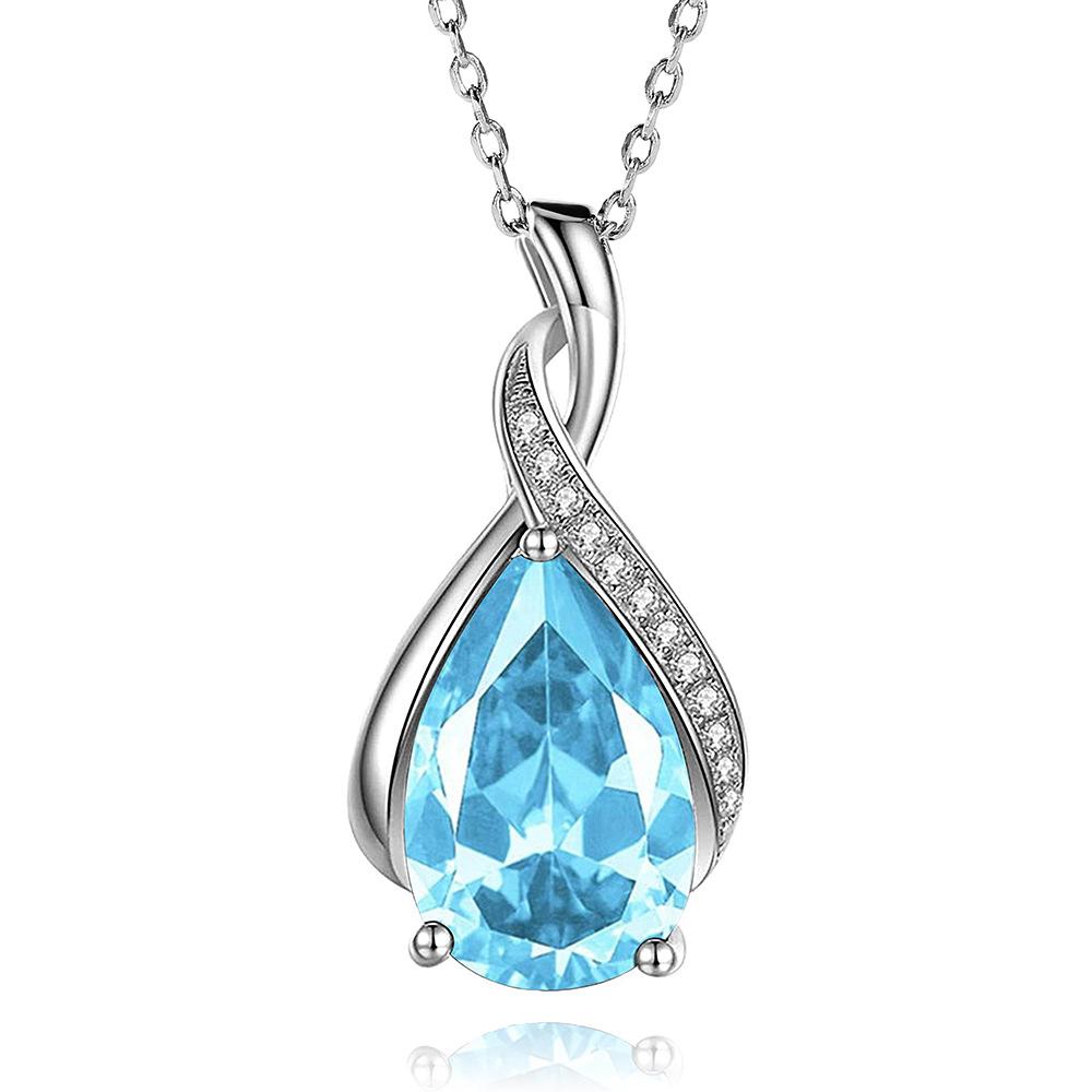 Twisted Curve Three Prong Teardrop Multi Color Stone Pendant Side Paved Accent Stone Thin Link Chain Women Elegant Neck Jewelry