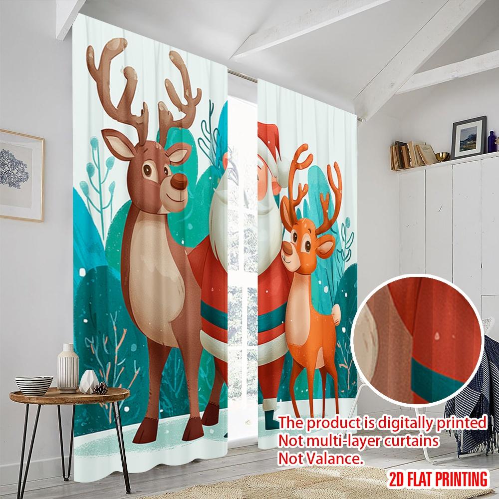 2Pcs,2D Plane Printing Curtains Roller Blinds Santa & Elk Polyester Fabric (Without Rod) Versatile All Use For Bedroom, Living