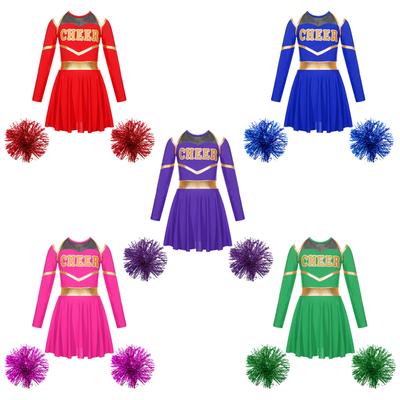 Mädchen Cheerleading Auftritt Outfits Kontrastfarbe Buchstaben Druck Kalte Schulter Langarm Strampelanzug Kleid Quaste Handblumen