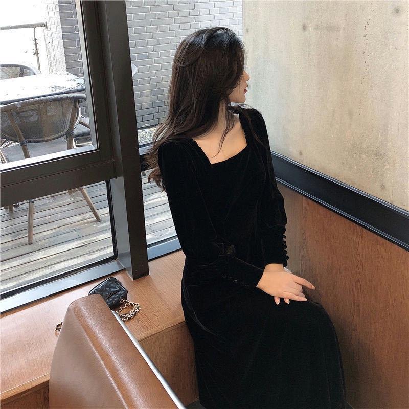 Velvet Square Neck Long-Sleeve Dress - 2022 Spring French Retro Slim Fit, Sexy Mid-Length Skirt
