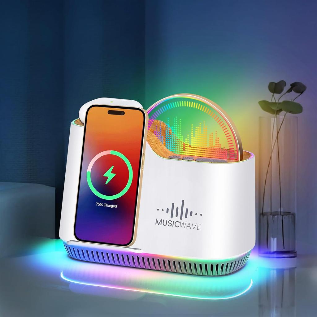 Night Light Bluetooth Speaker with Lights, 15W Wireless Charger Stand Phone Holder,Rechargeable LED Music Lamp Touch Control Color Changing Lights,