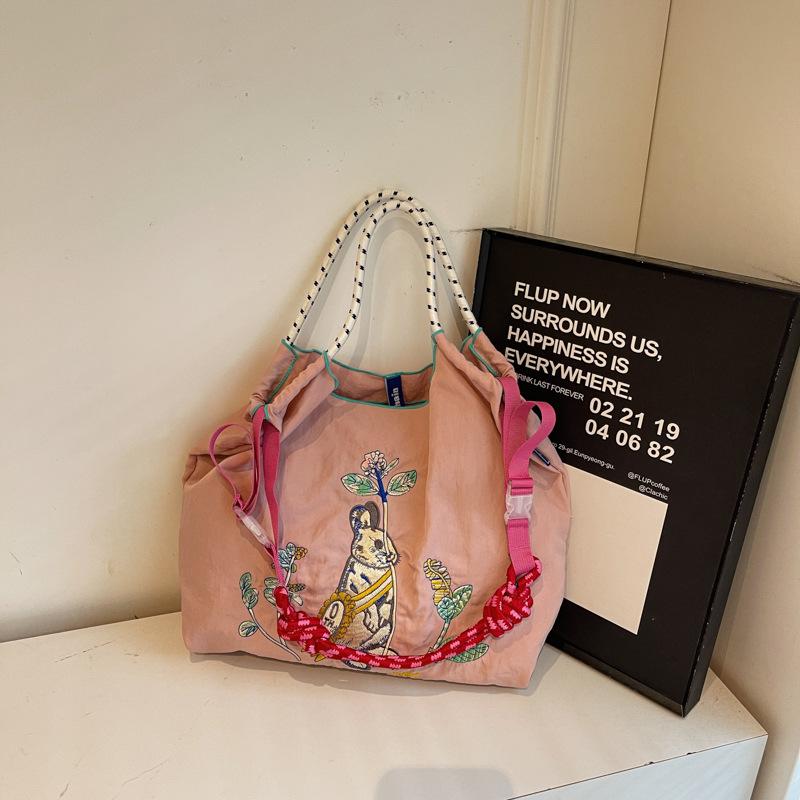 Embroidery tote bag women's 2025 new fashion shoulder bag shopping bag large capacity casual nylon bag