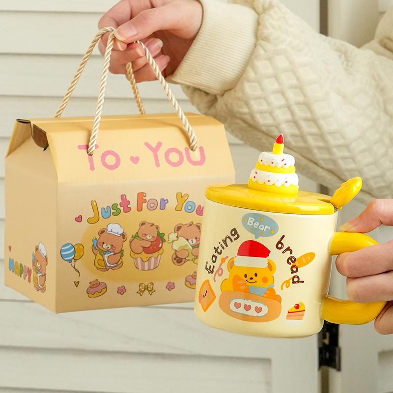 Cupa Ceramică Creativă cu Ursuleț Desen Animat, cu Capac și Linguriță, pentru Cafea de Uz Casnic, pentru Cuplu, pentru Apă, Cutie Cadou de Valoare Ridicată