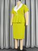 AOMEI Office Plus Size Dresses V Neck  Short Sleeve White Green Patchwork Peplum Bodycon Midi Dress for Women