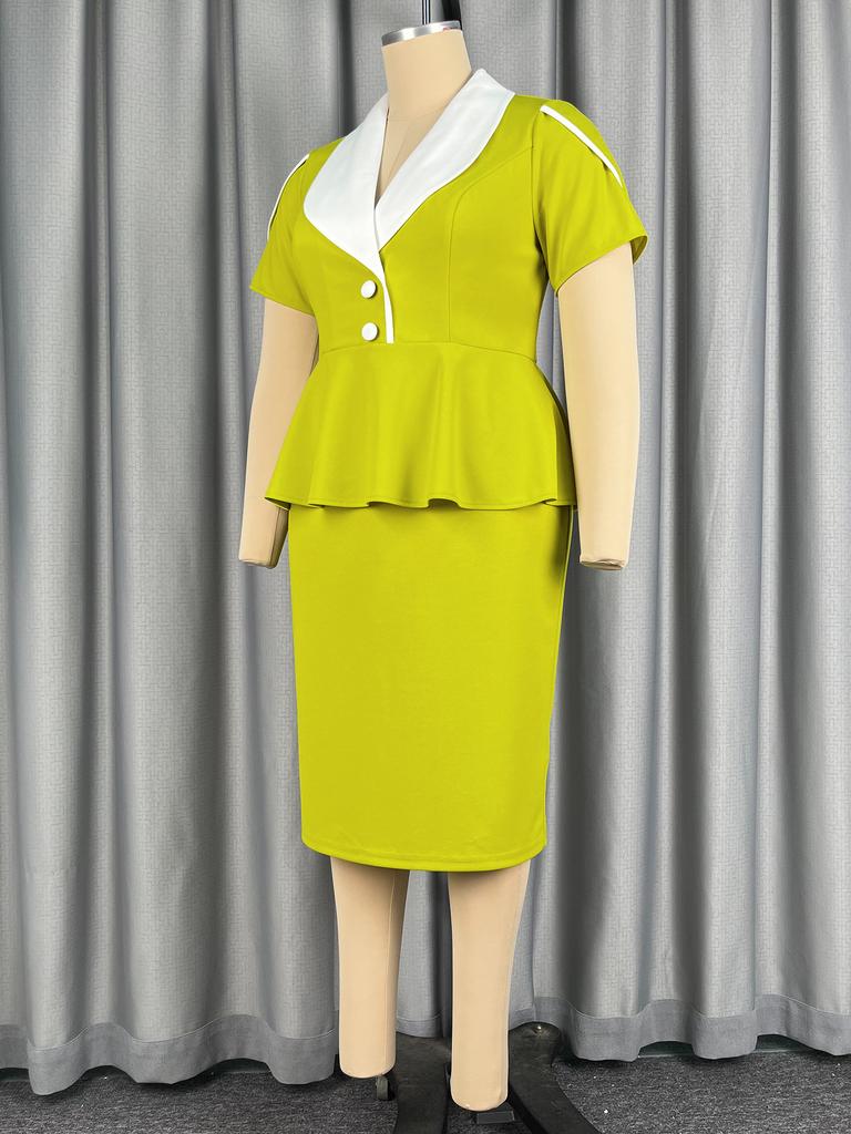 AOMEI Office Plus Size Dresses V Neck  Short Sleeve White Green Patchwork Peplum Bodycon Midi Dress for Women