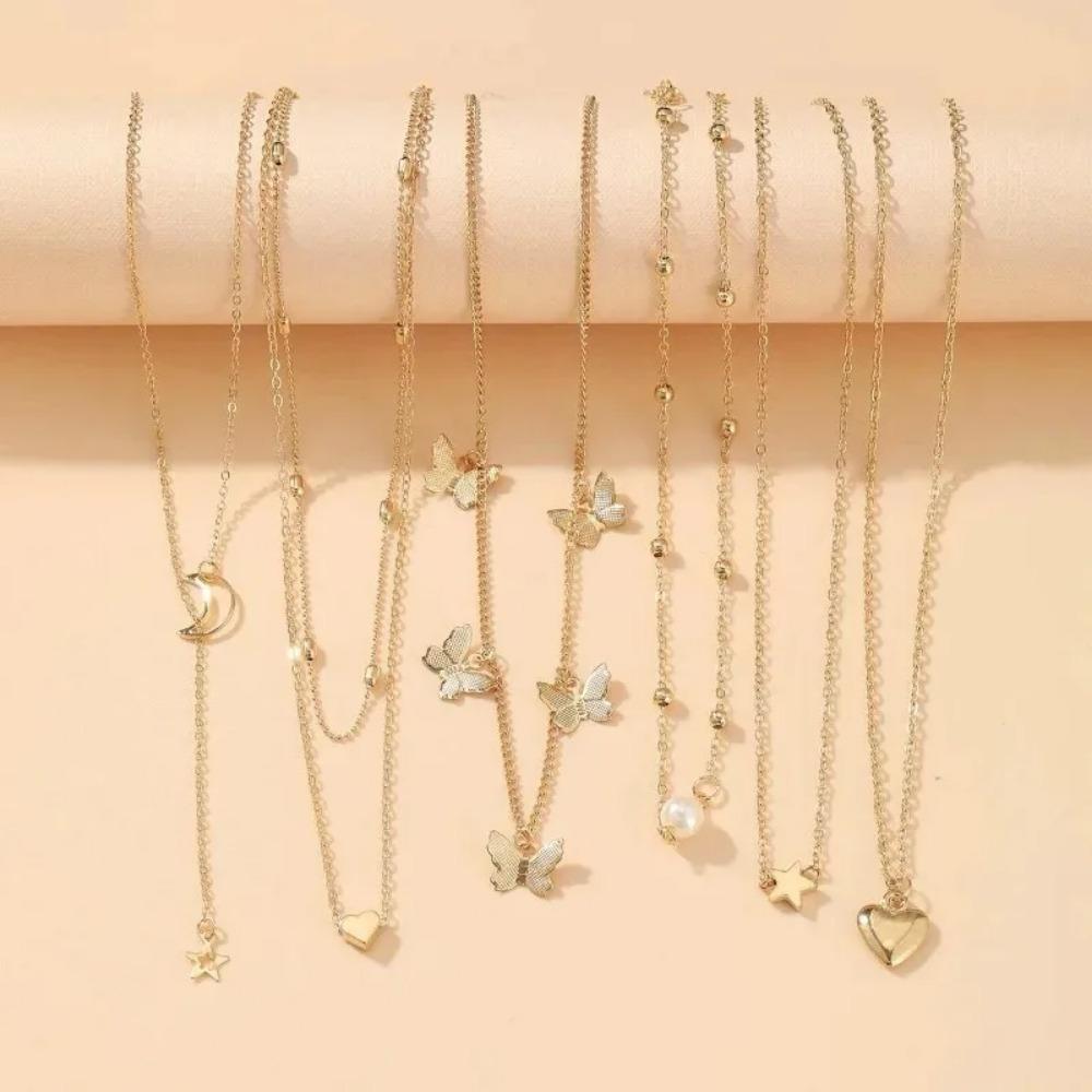 6-teiliges Halsketten-Set mit schlichtem Temperament, schönem Schmetterling, Stern und Mond, beliebtes Damen-Halsketten-Set für Frauen