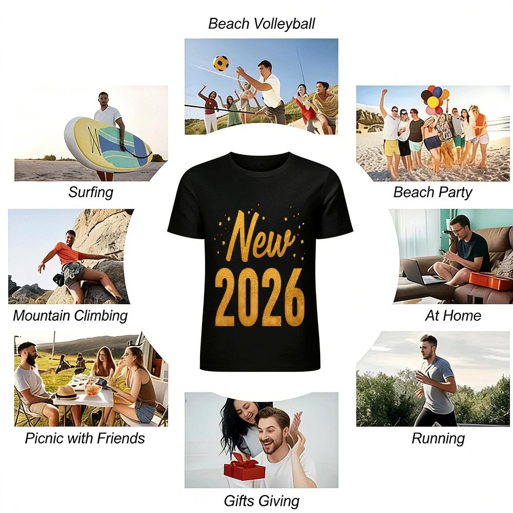 New Year 2026 Gold Print Casual Loose Fit Versatile Top Pure Cotton T-shirt