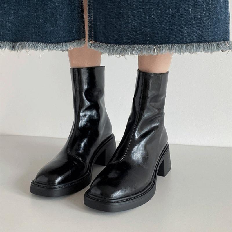 New Black  Omen's Shoes Genuine Leather Women's Boots Thick Soled Coarse Boots Women's Solid Color Women's Shoes High Heel Boots