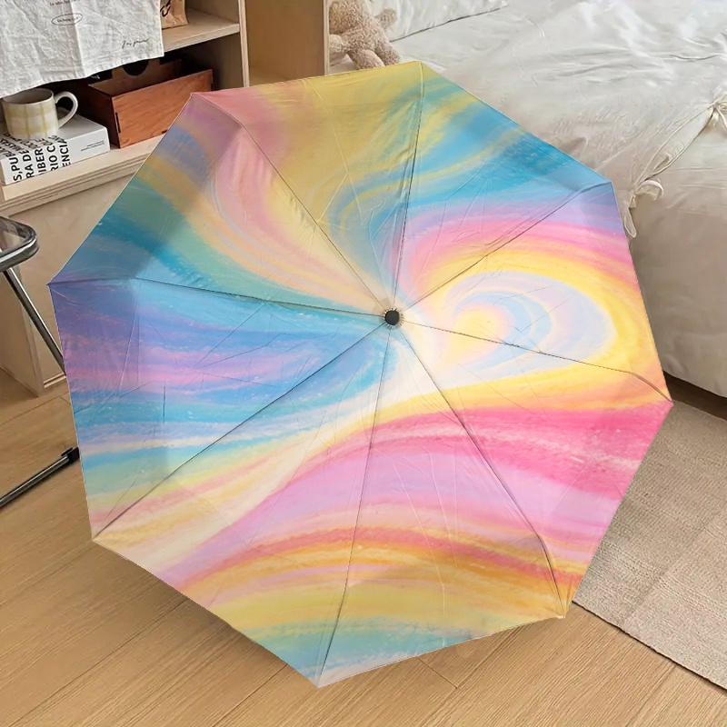 Rainbow Swirl Automatic Opening Folding Umbrella Portable 3 Fold Design with Iron Frame for Outdoor Use,Perfect Gift for Fans,Travelers,