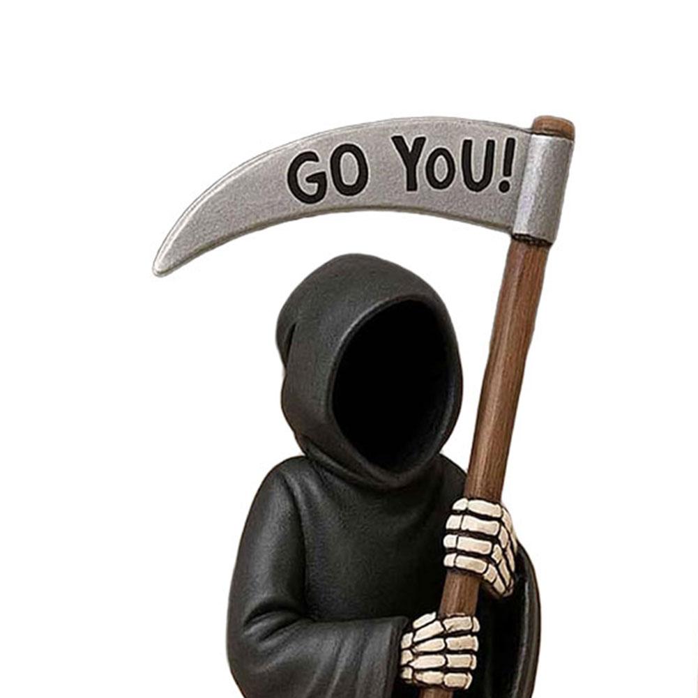 Emotional Support Grim Reaper Figurine with Support Card Gothic Skeleton Statue Desktop Ornament for Halloween Home Office Decor