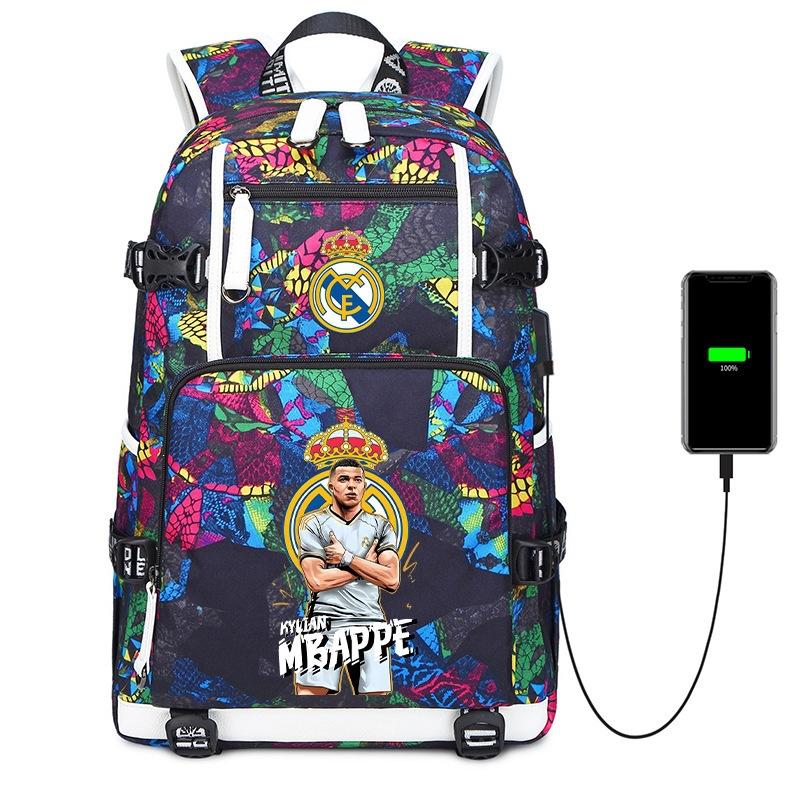 Camouflage Backpack Student Bookbag Multifunctional USB Charging Football Star Print Travel Daypack Lightweight Casual Men's Backpack