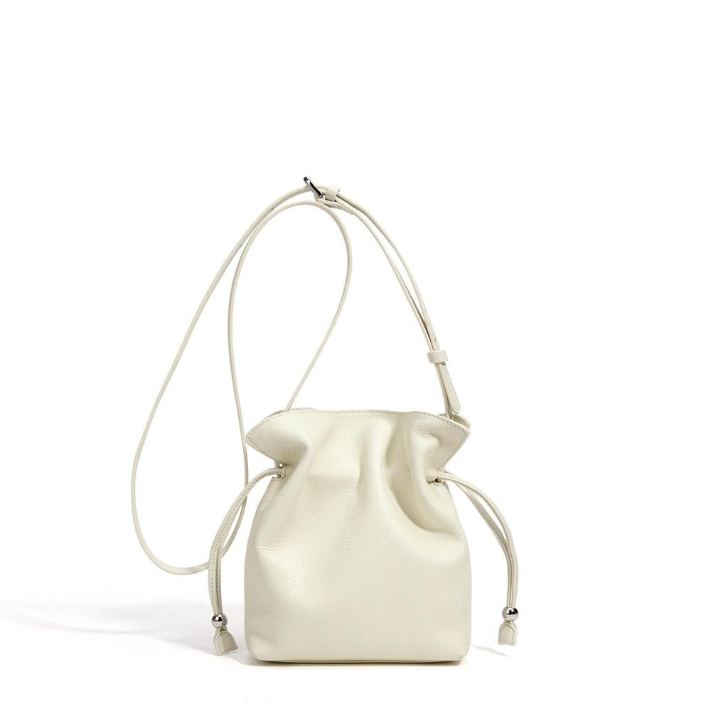 Luxury Mini Furoshiki Drawstring Cloud Handbag - Genuine Leather, Solid Color, Niche Design, Crossbody Bag