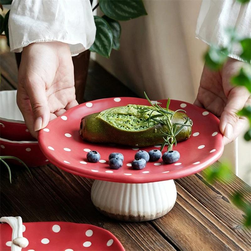 Cute Squirrel Mushroom Ceramic Tableware Set Red Polka Dot Porcelain Teapot Plate Bowl Cup For Breakfast Dessert Home Decor Gift