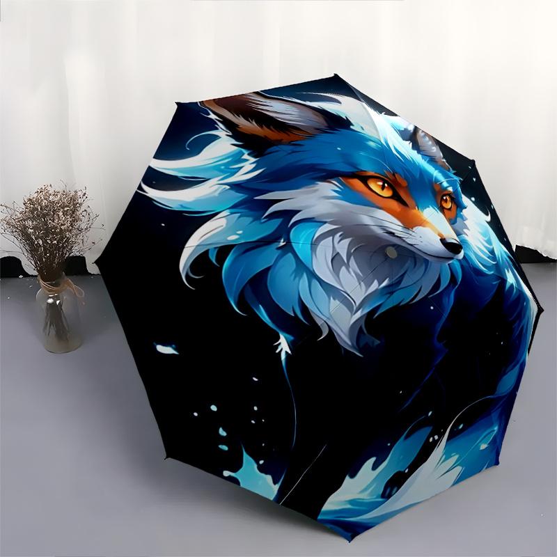 1pc Blue Fox Print Automatic Opening/Closing Umbrella with Foldable Design, Outdoor for Fans, Travelers, Daily Use - Perfect Gift for Festivals.R