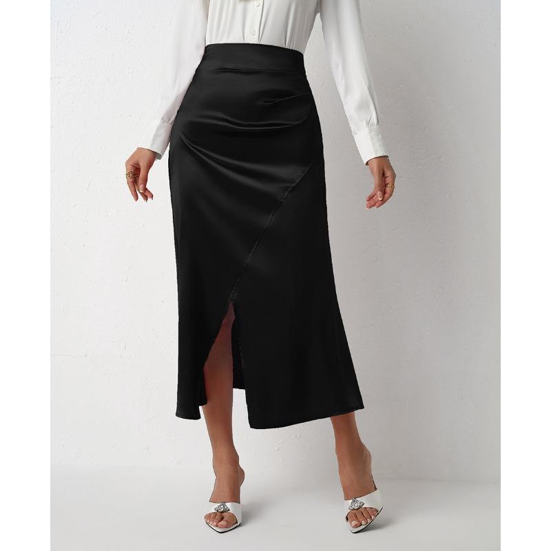 Women's High Waist Split Satin Skirt Zipper Fish Tail Wrap Hip Skirt