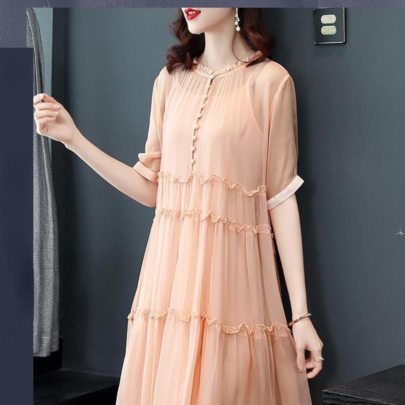 Chiffon Dresses Women's Summer Elegant Loose Large Size Temperament Thin Medium-length Dresses